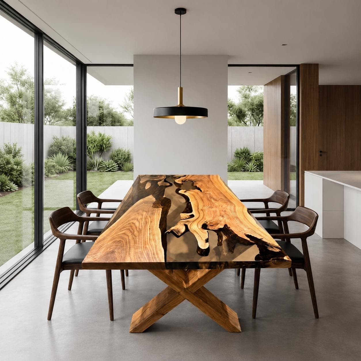 Handmade live-edge walnut epoxy dining table in a modern living room
