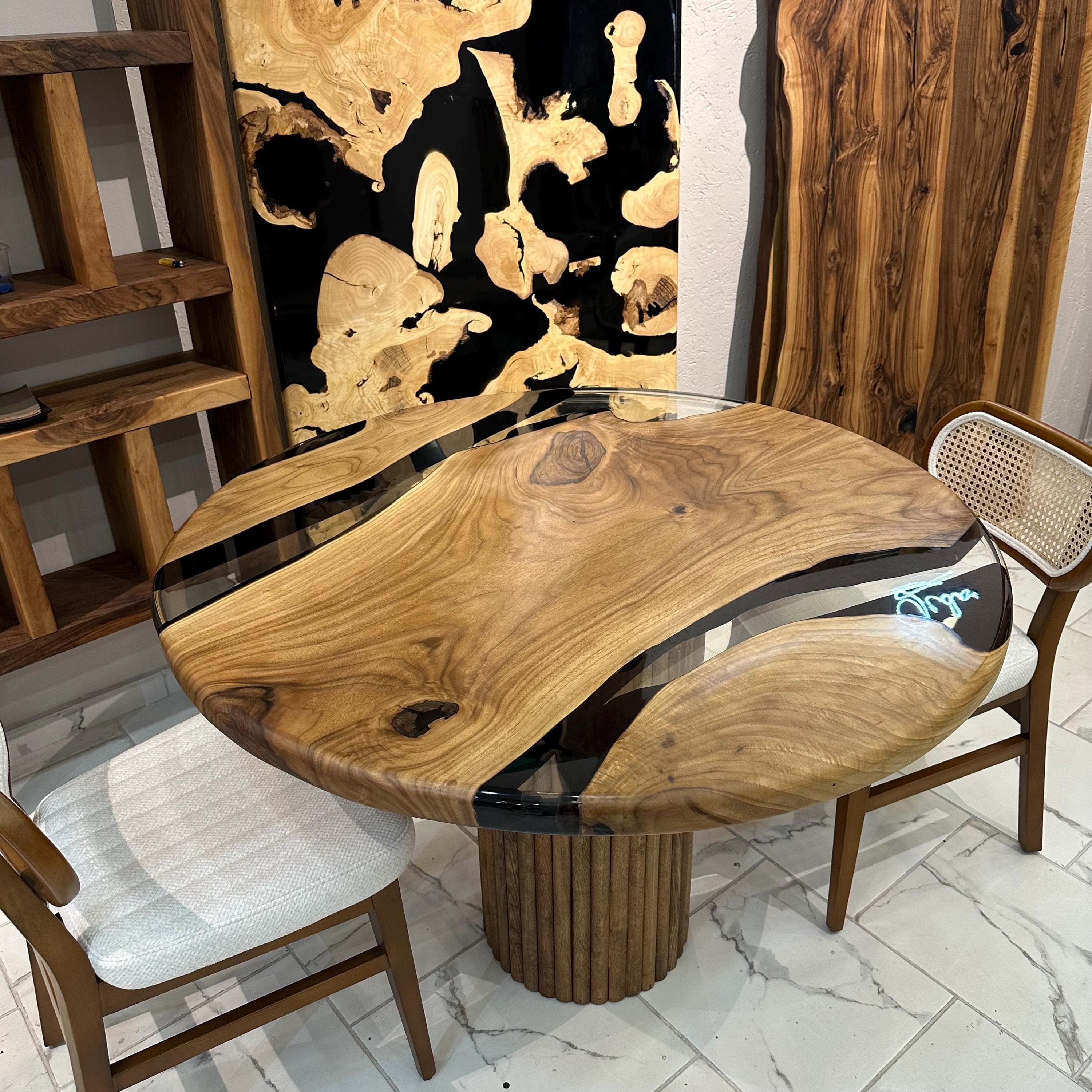 Custom Live Edge Resin Round Table: Handmade Walnut Dining Table