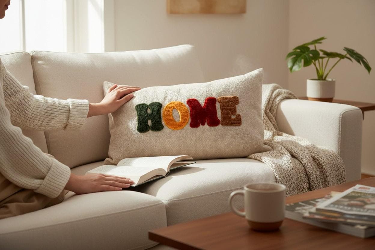 HOME Embroidered Lumbar Pillow with Insert, Cozy Neutral Throw Pillow, Farmhouse Living Room Decor