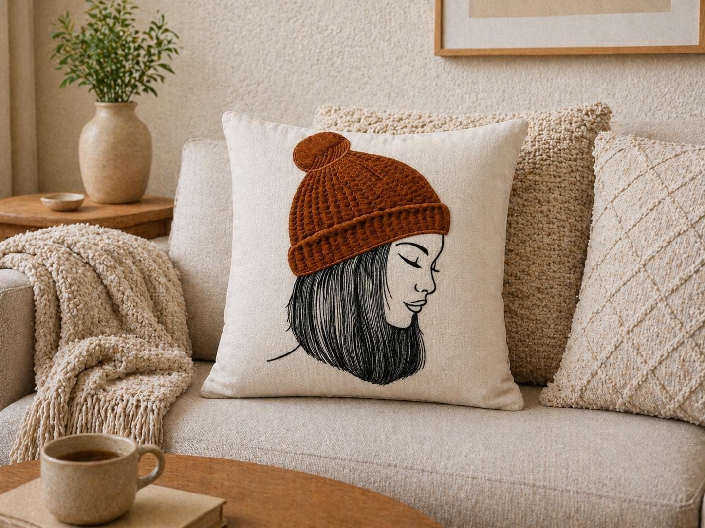 Embroidered Woman Portrait Pillow Cover, Boho Chic Linen Cushion
