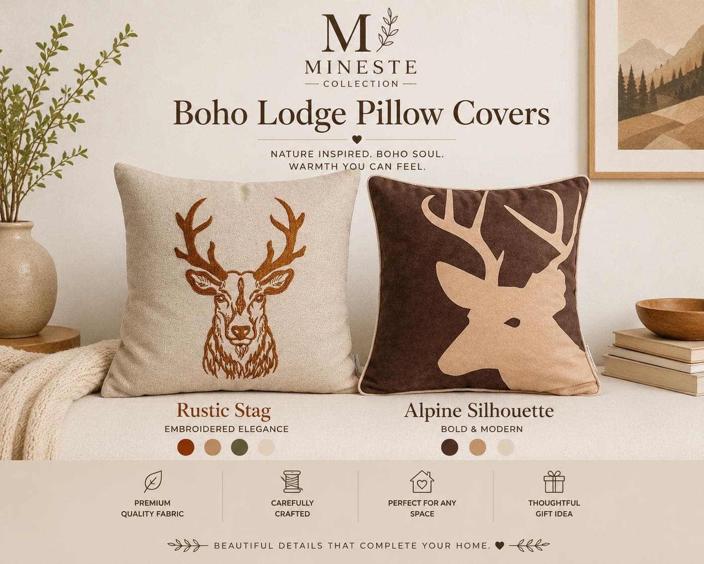 Boho Deer Pillow Covers | Rustic Stag & Alpine Silhouette | Farmhouse Throw Pillows | Lodge Decor | Cozy Living Room Accent