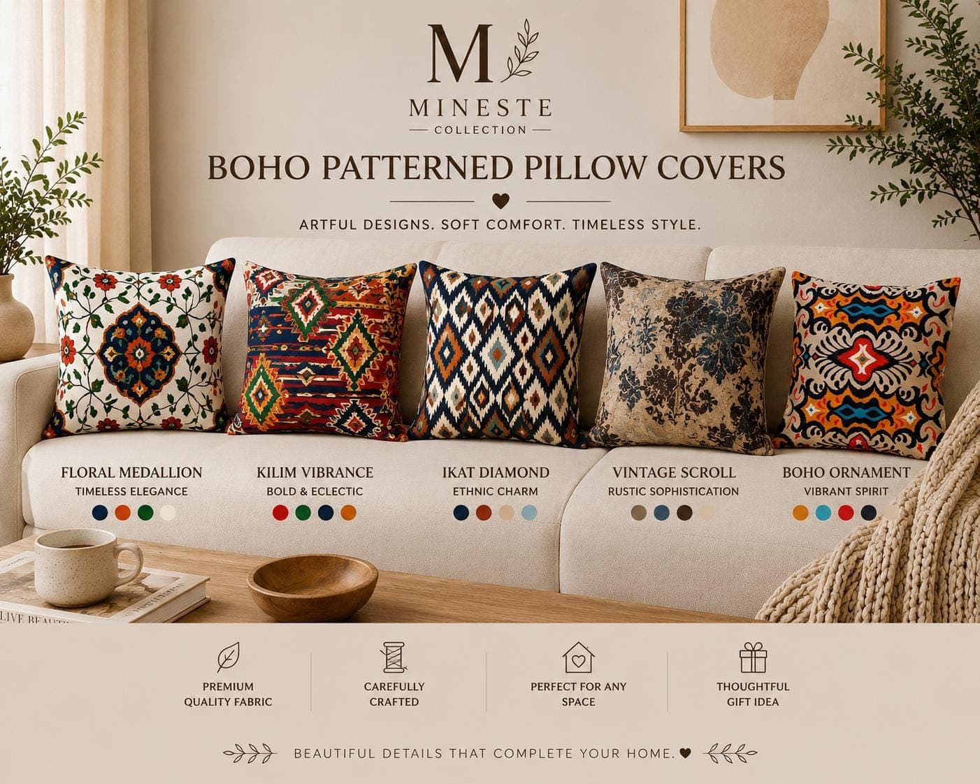 Boho Pillow Cover Collection – Floral Medallion, Kilim Vibrance, Ikat Diamond, Vintage Scroll & Boho Ornament | Throw Pillow Covers