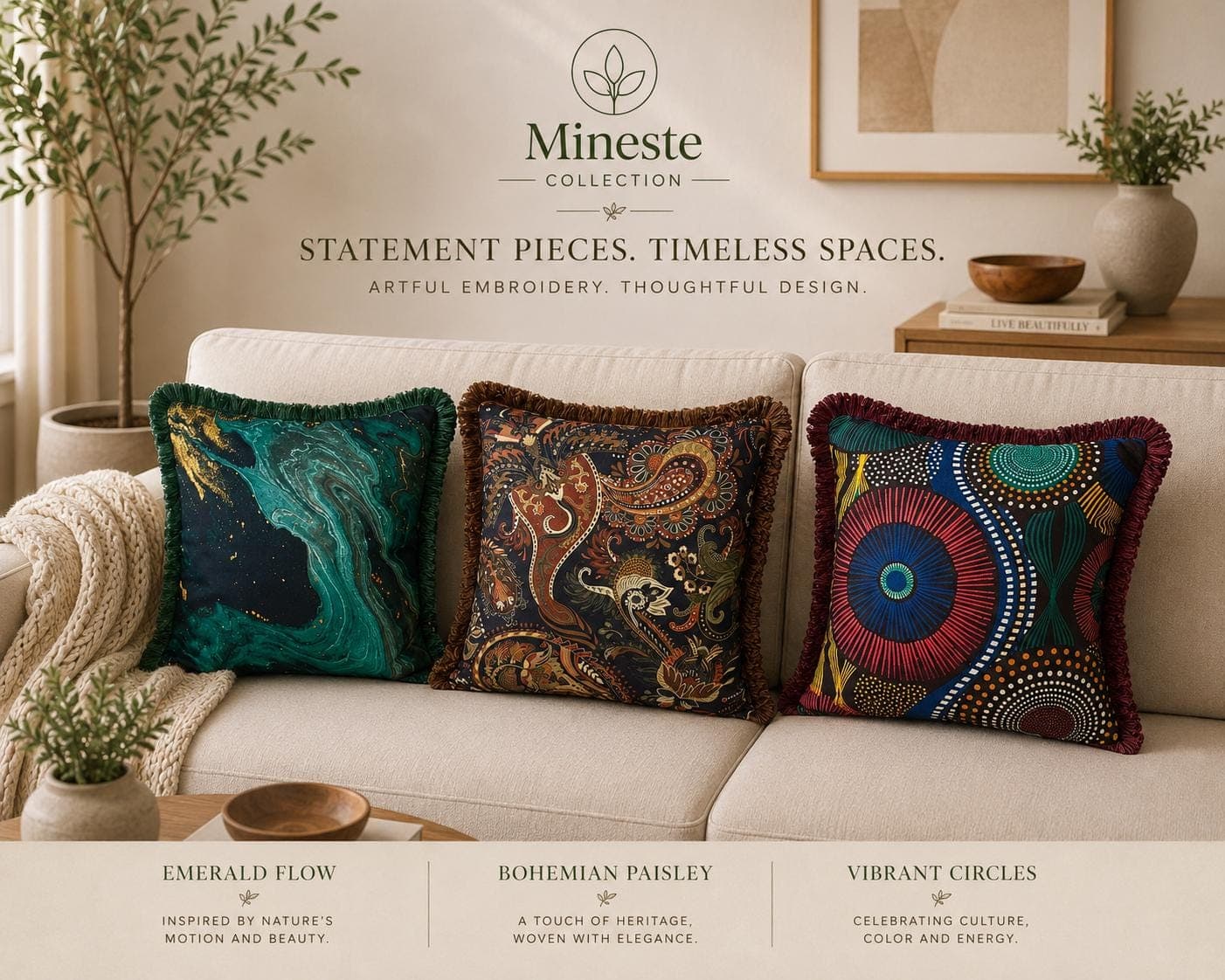 Bohemian Pillow Cover Collection | Emerald Flow, Bohemian Paisley & Vibrant Circles | Luxury Decorative Throw Pillows