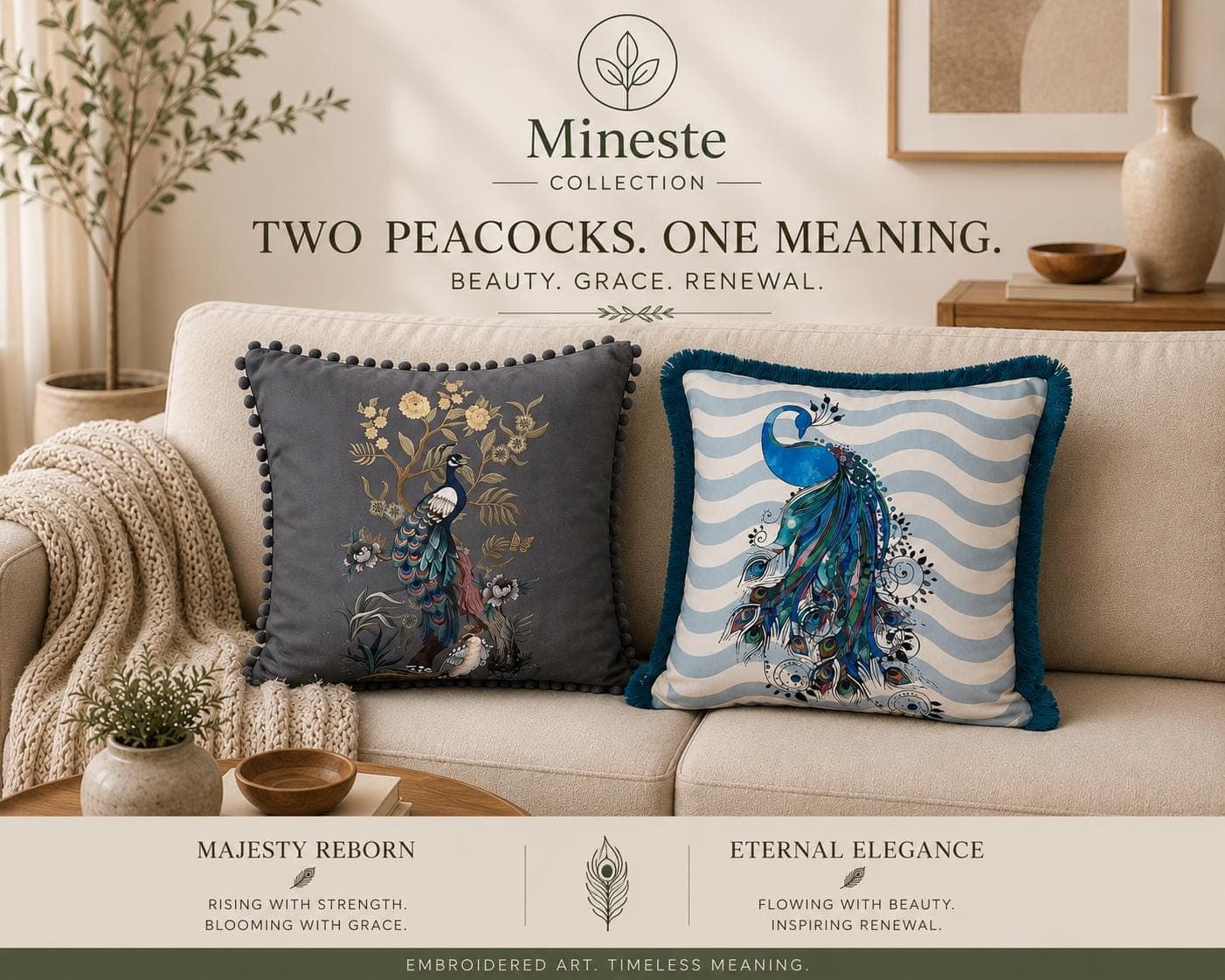 Peacock Pillow Cover Set | Majesty Reborn & Eternal Elegance | Decorative Throw Pillows | Luxury Living Room Accent Cushions