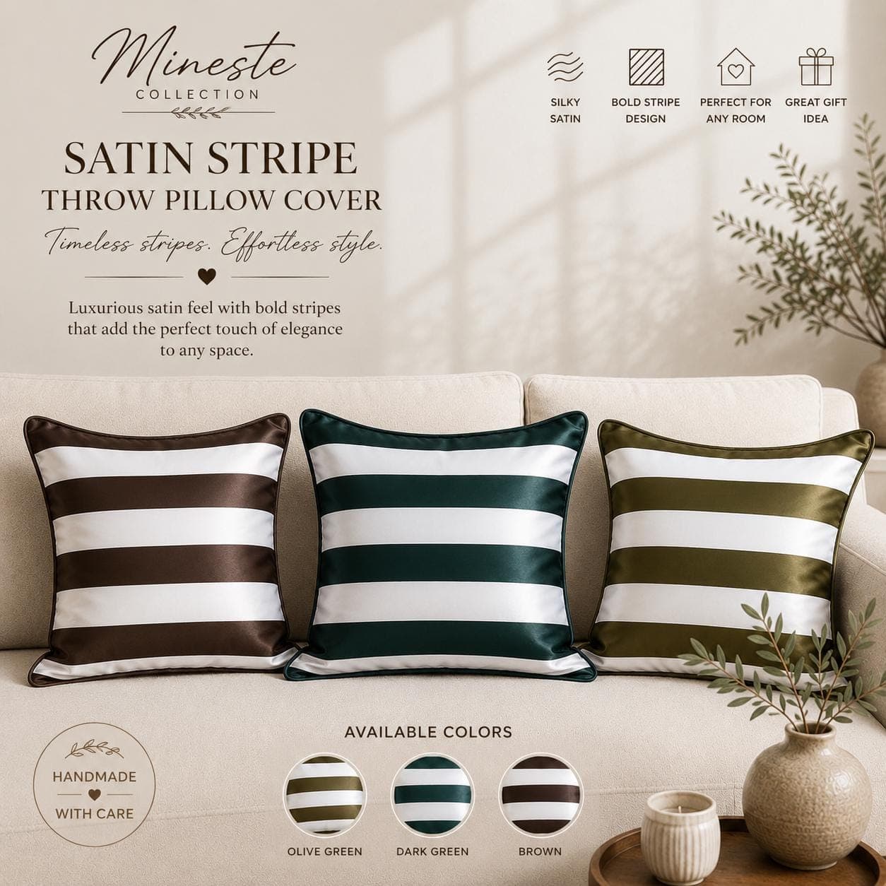Striped Satin Throw Pillow Cover | Modern Decorative Cushion | Green, Brown & Dark Green Accent Pillow | Luxury Sofa Decor