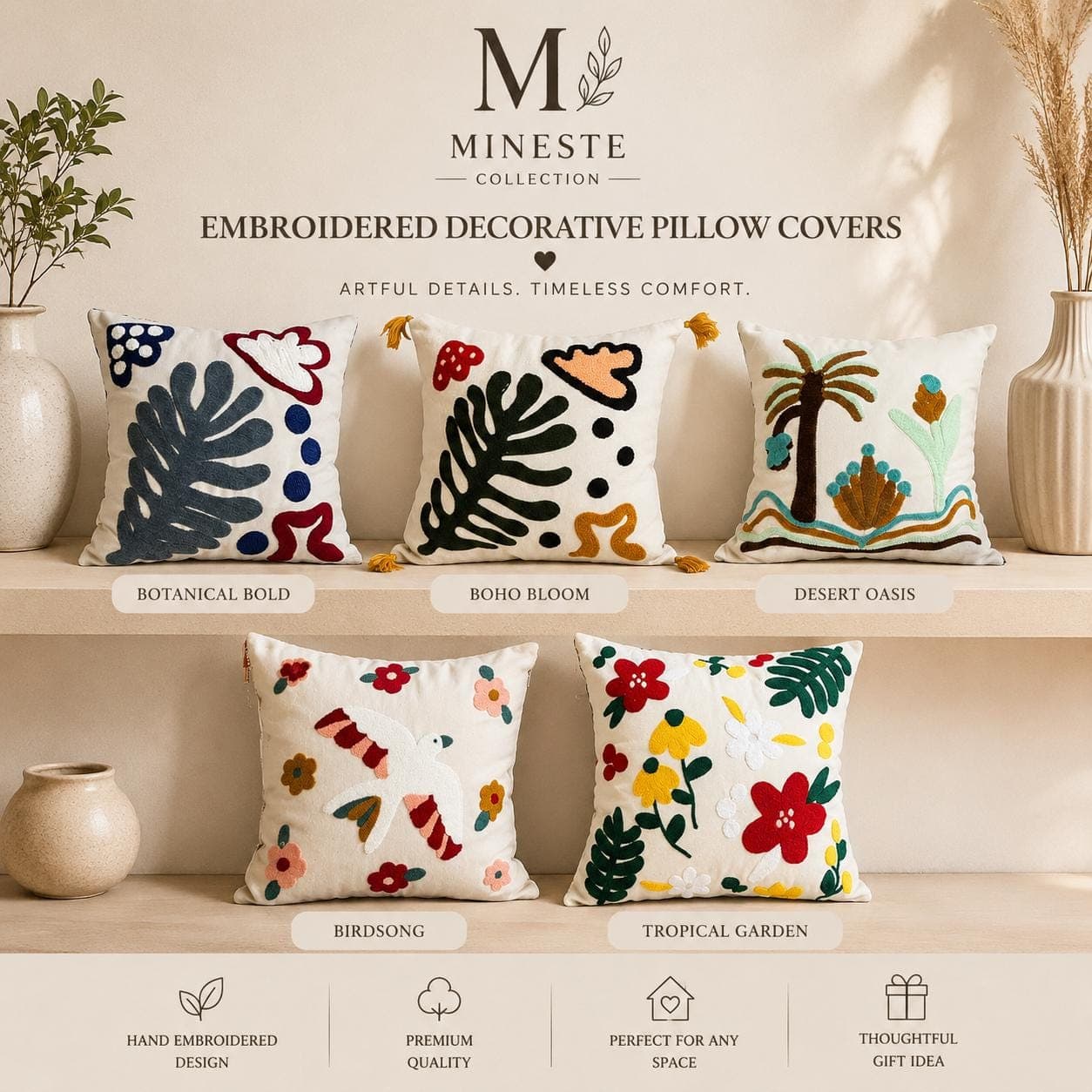 Embroidered Floral Throw Pillow • Botanical Bold, Boho Bloom, Desert Oasis, Birdsong & Tropical Garden Pillow Cover • Neutral Boho Accent