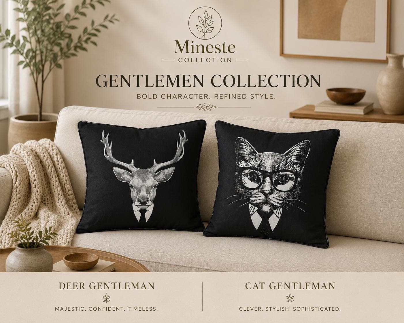 Black Animal Pillow Covers | Deer Gentleman & Cat Gentleman | Modern Lodge Decor | Decorative Cushion Covers | Animal Art Home Decor Accent