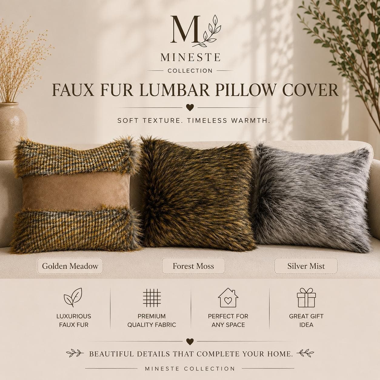 Faux Fur Pillow Cover | Golden Meadow · Forest Moss · Silver Mist | Luxury Textured Cushion | Modern Living Room Decor