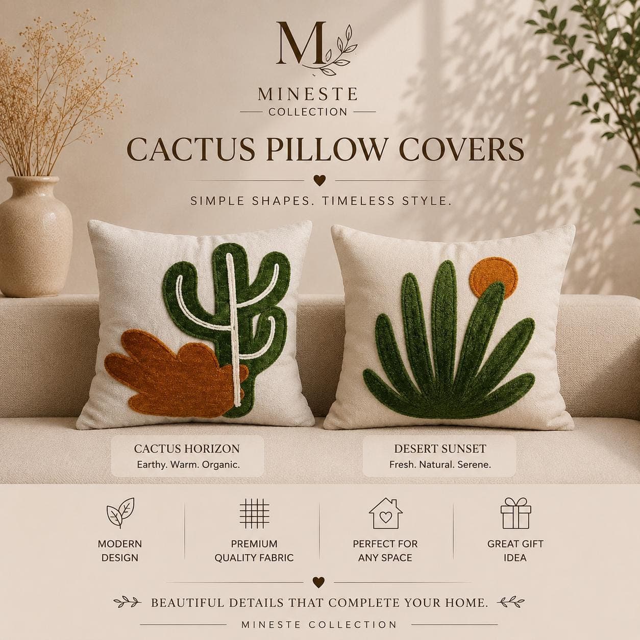 Tufted Cactus Throw Pillow • Modern Desert Accent Cushion • Cactus Horizon & Desert Sunset • Choose Your Design