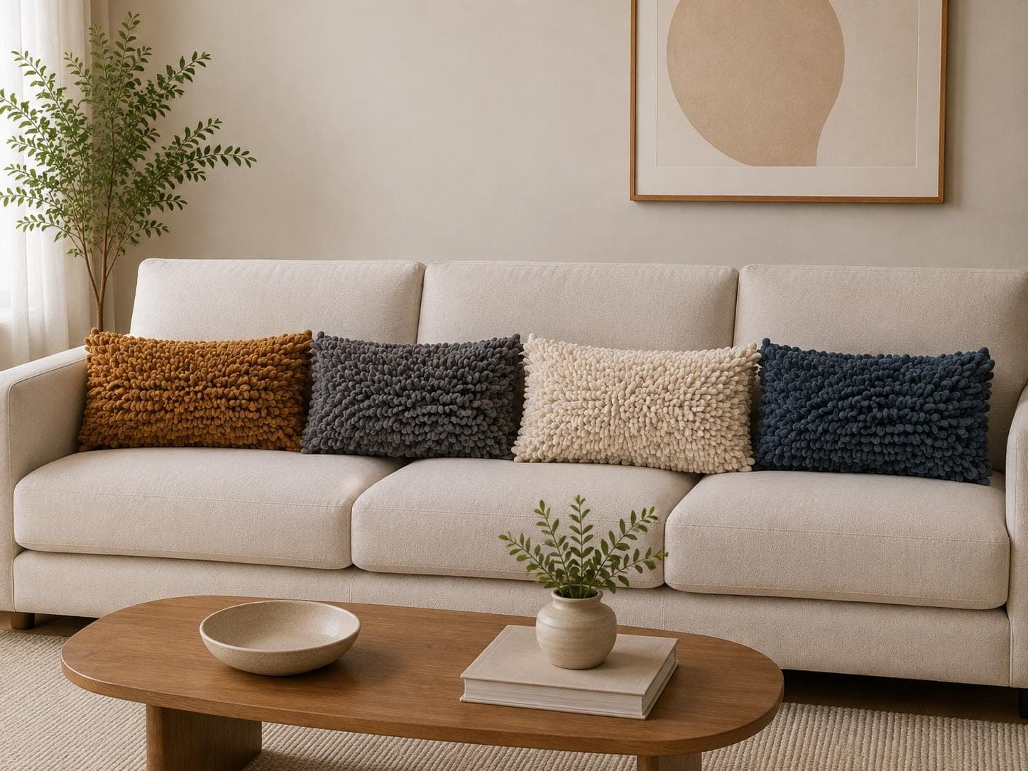 Handwoven Loop Textured Throw Pillow • Modern Neutral Accent Cushion • Cozy Minimal Decorative Sofa Pillow • Cream, Beige, Brown & Blue