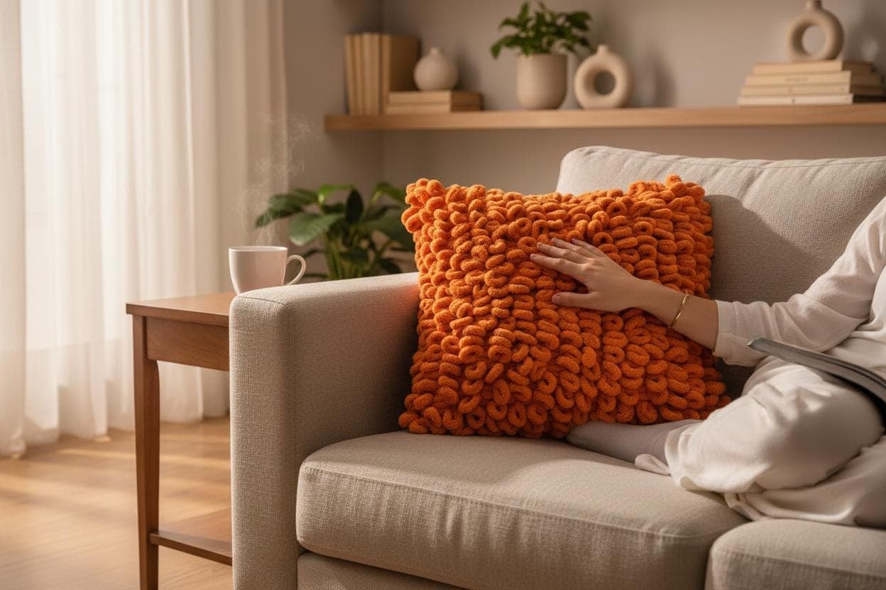 Handwoven Orange Loop Textured Throw Pillow • Modern Accent Cushion • Cozy Minimal Home Decor