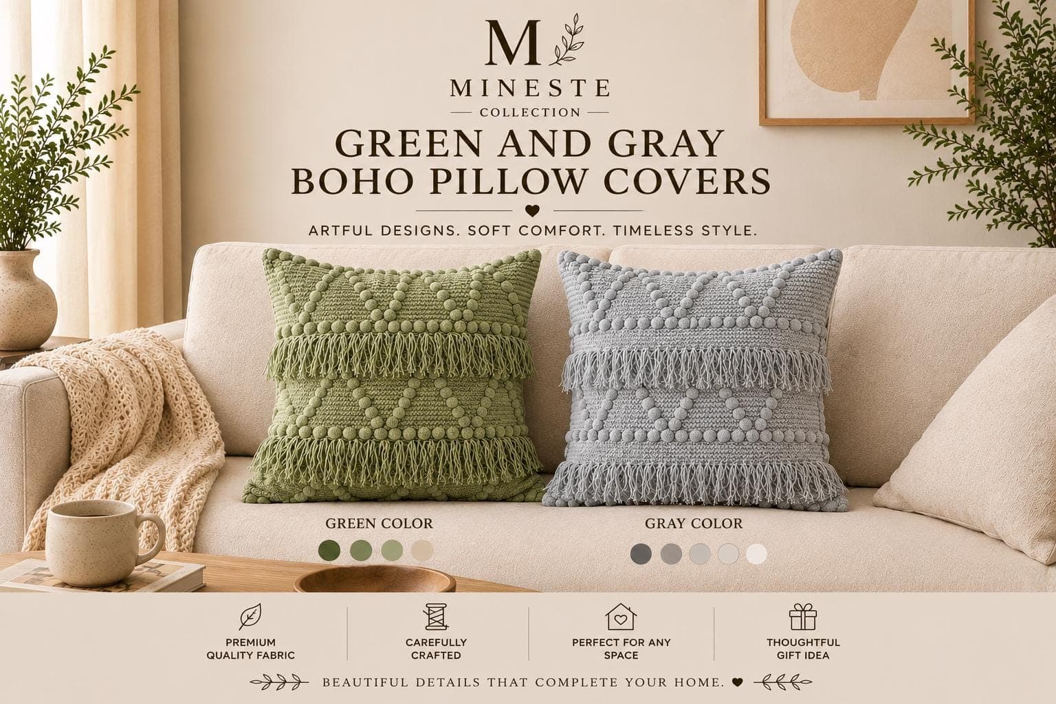 Handwoven Boho Throw Pillow Cover 16x16 | Green & Gray Textured Fringe Cushion | Farmhouse Accent Pillow | Modern Home Decor