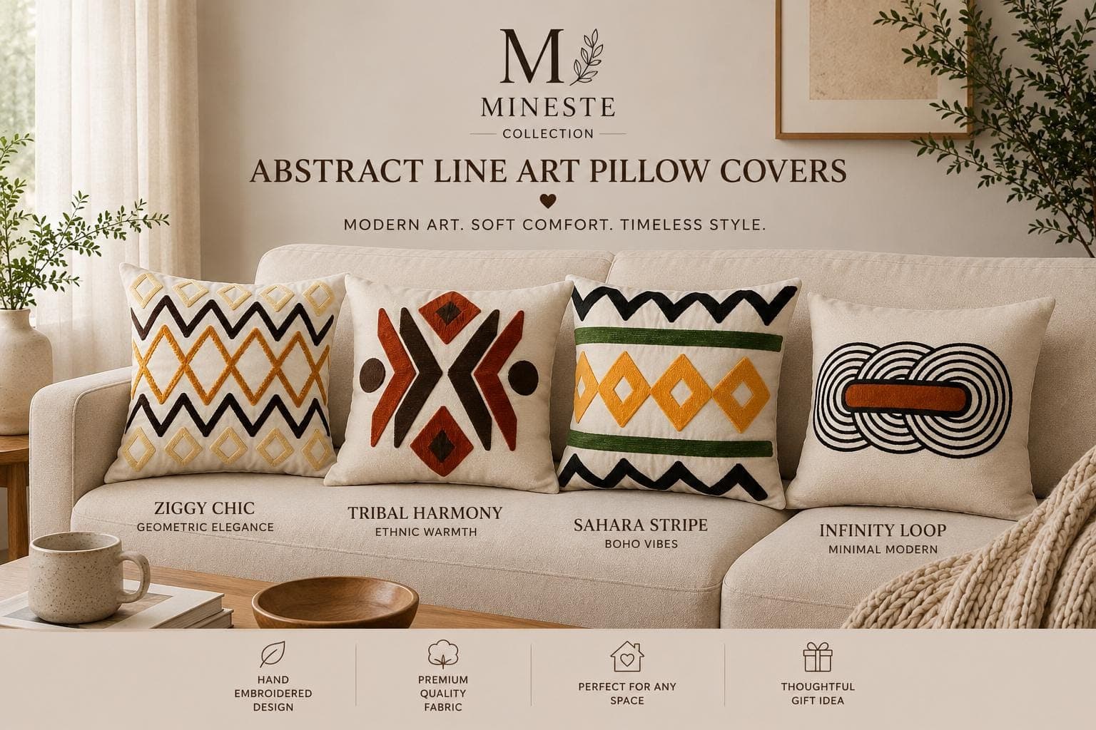 Abstract Geometric Pillow Covers | Ziggy Chic, Tribal Harmony, Sahara Stripe & Infinity Loop | Modern Boho Cushion Cover | Home Decor Gift