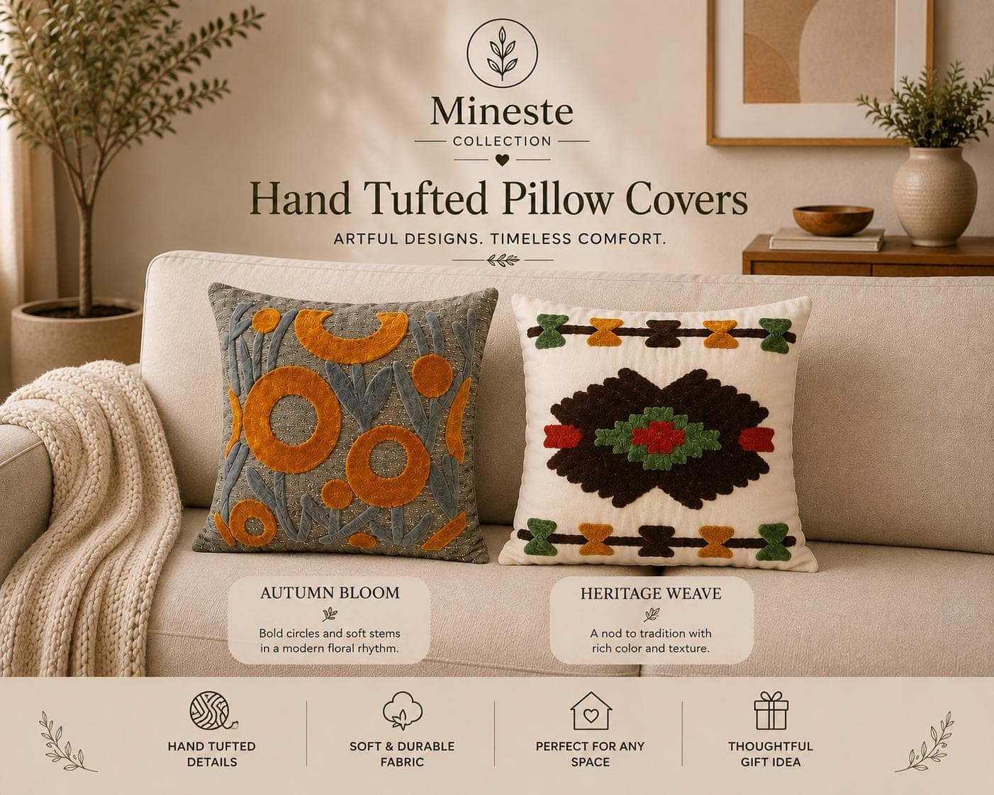 Gray & Mustard Abstract Floral Pillow Cover | Autumn Bloom, Heritage Weave Artisan Pillow Covers
