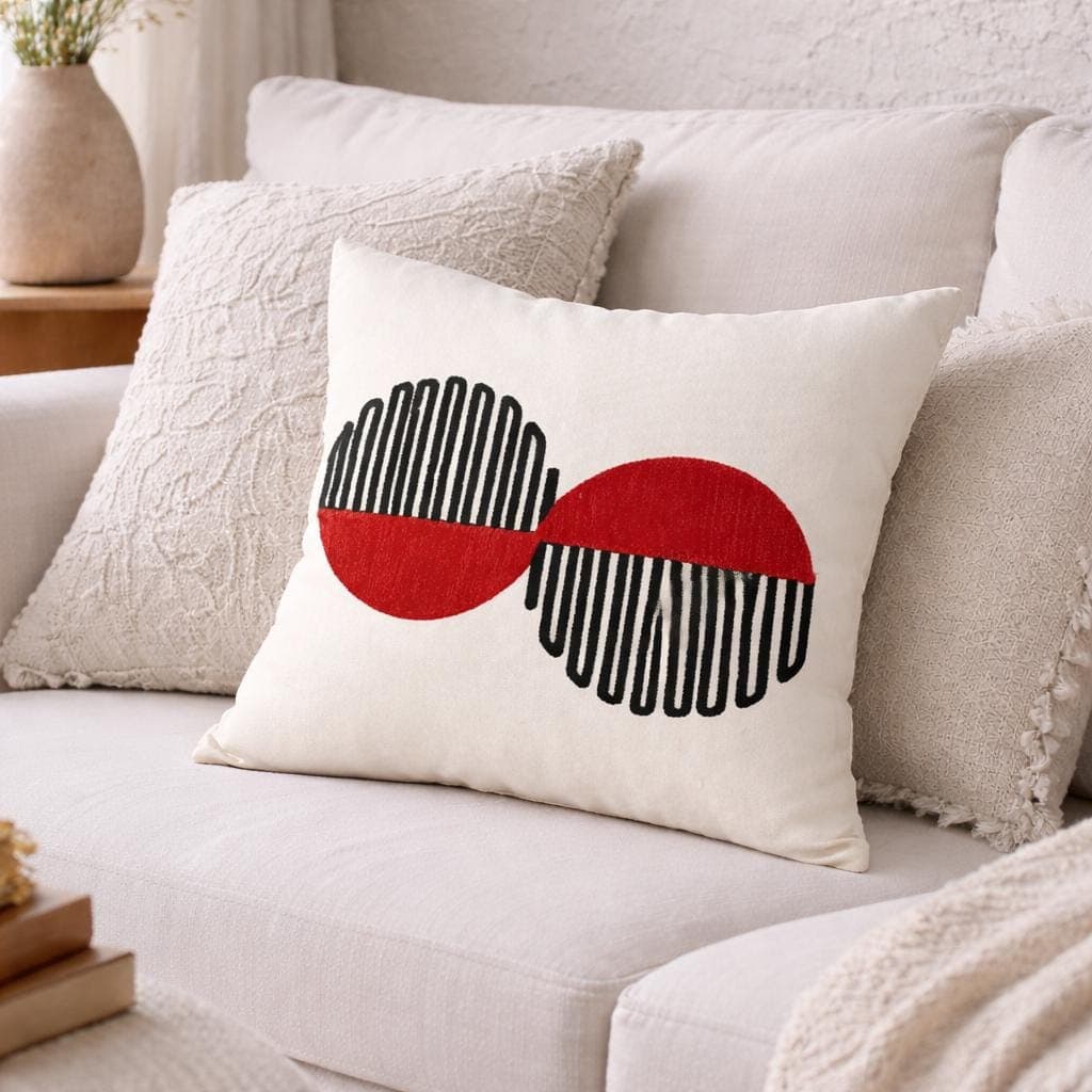 Modern Geometric Pillow Cover | Red Black Abstract Circles, Bauhaus Accent Pillow Case