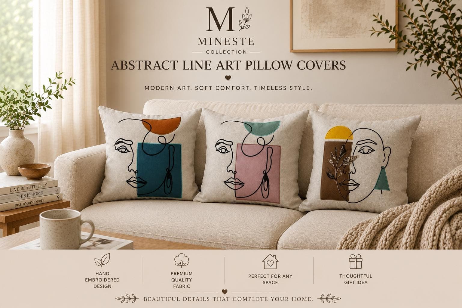 Abstract Line Art Face Pillow Cover | Modern Minimalist Portrait Cushion | Pastel Geometric Accent Pillow
