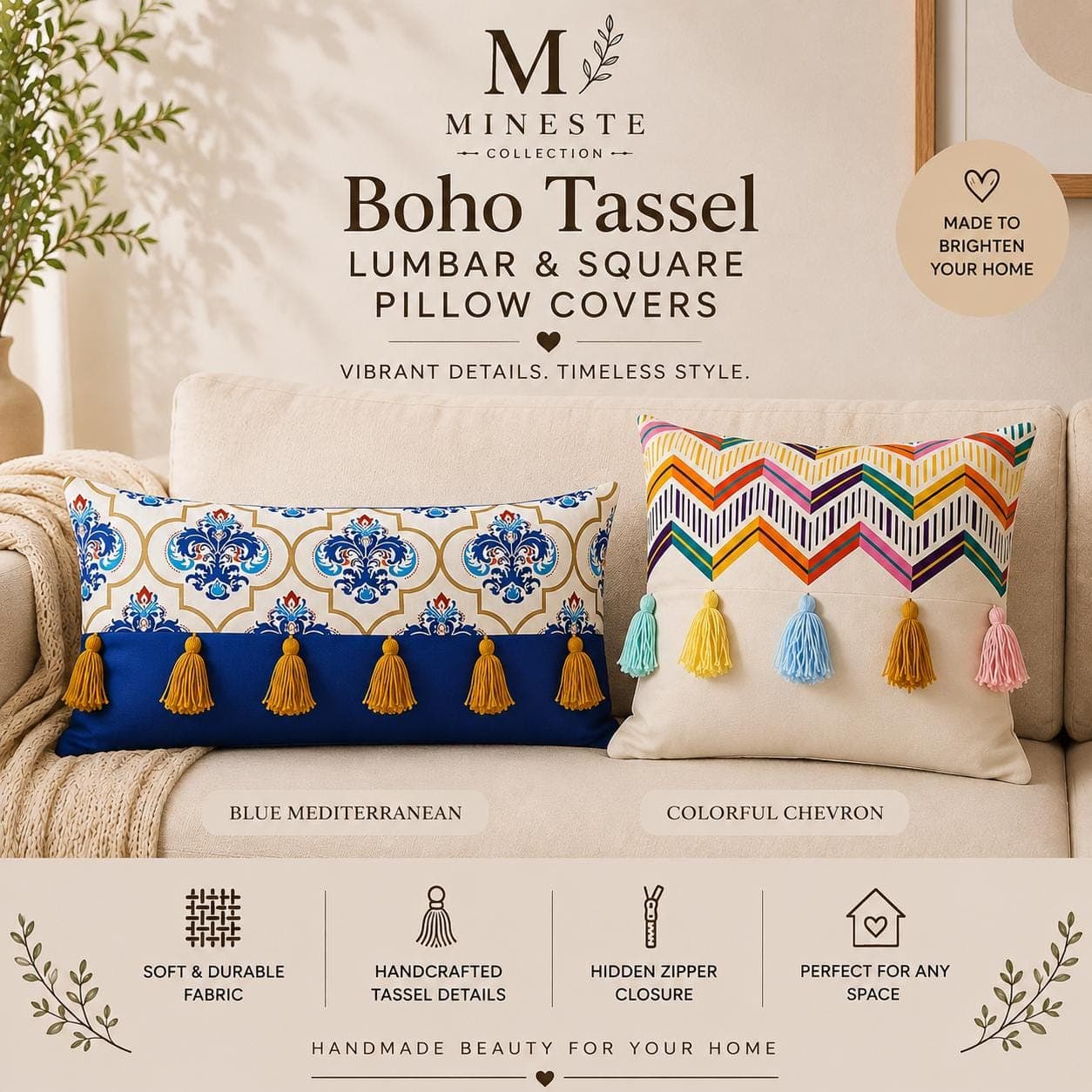 Colorful Geometric Tassel Pillow Cover | Boho Chevron Accent Cushion | Blue Medallion Tassel & Rainbow Chevron Tassel