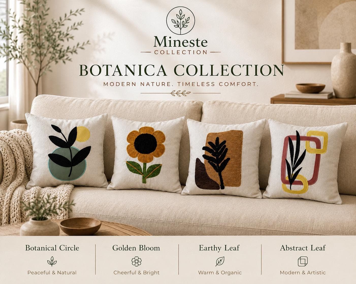 Modern Botanical Pillow Covers Set | Botanical Circle, Golden Bloom, Earthy Leaf & Abstract Leaf | Embroidered Accent Cushions