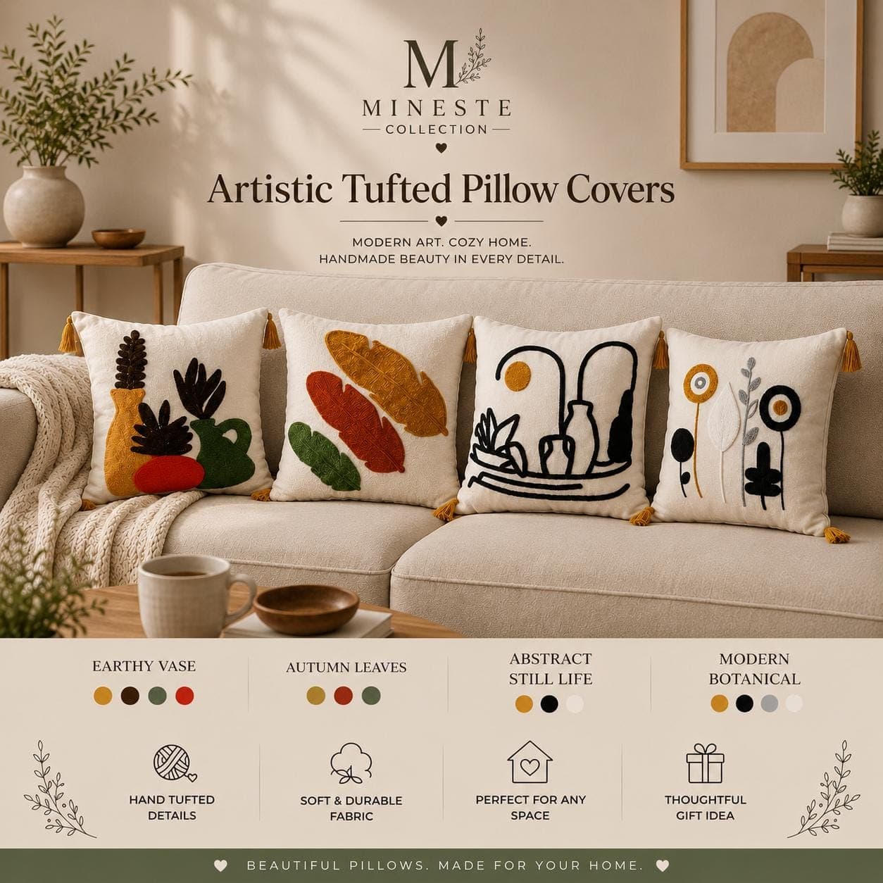 Modern Botanica Collection | Embroidered Decorative Pillow Covers | Neutral Boho Living Room Decor