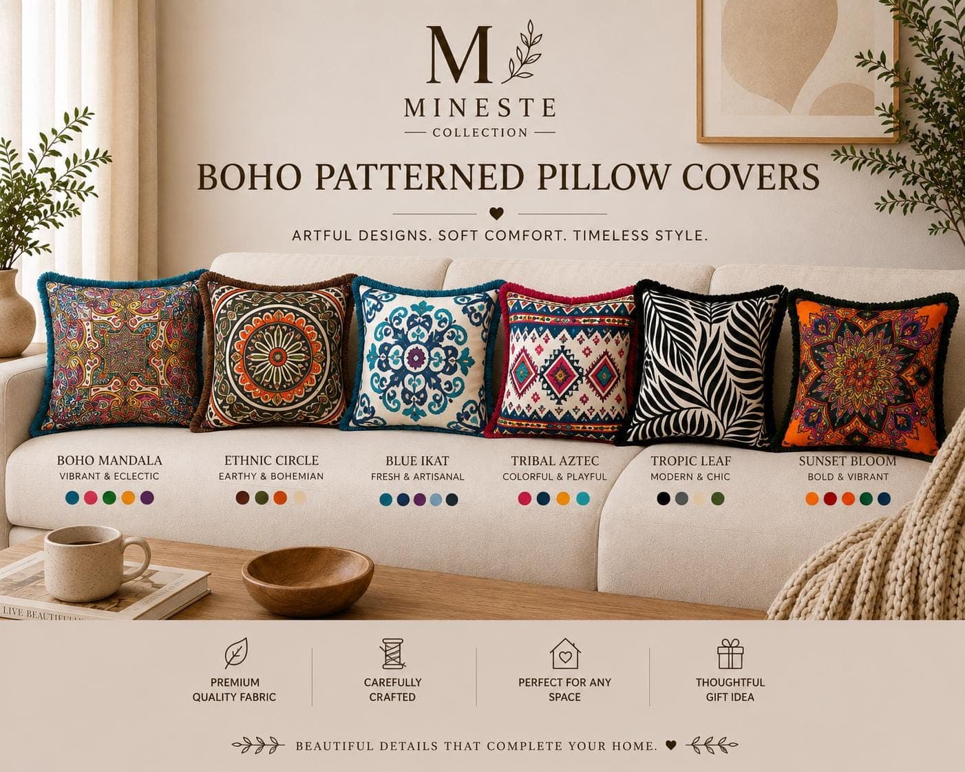 Boho Pillow Cover Collection | Boho Mandala, Ethnic Circle, Blue Ikat, Tribal Aztec, Tropic Leaf Sunset Bloom | Decorative Throw Pillow Case