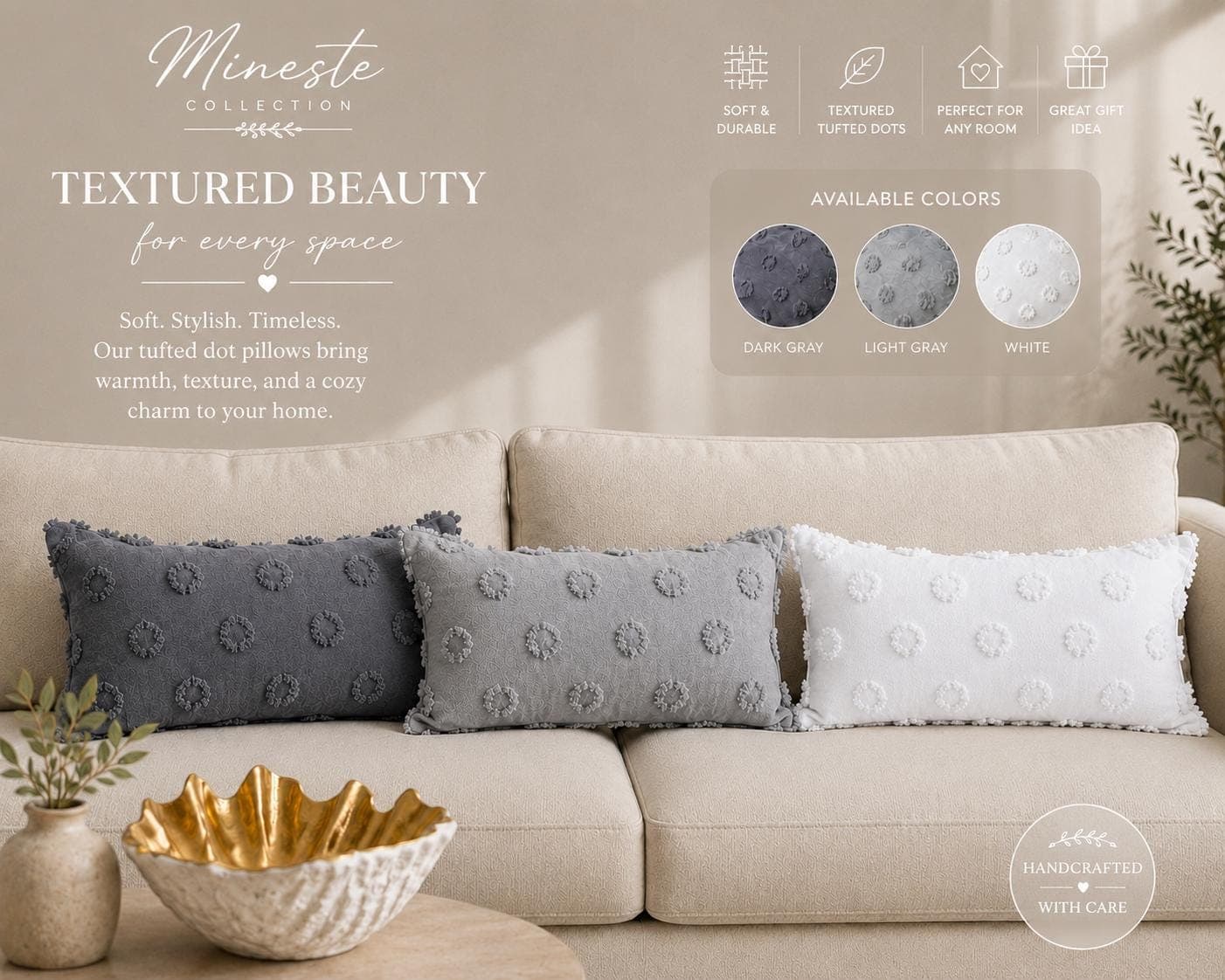 Tufted Lumbar Pillow Cover | White, Light Gray & Gray Decorative Throw Pillow | Modern Farmhouse Sofa Cushion | Boho Home Decor