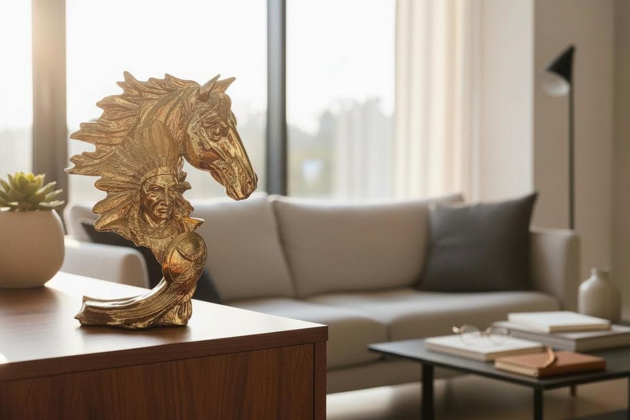 Gold Horse Figurine with Native Chief Detail | Handcrafted Polyresin Sculpture | Luxury Home Decor