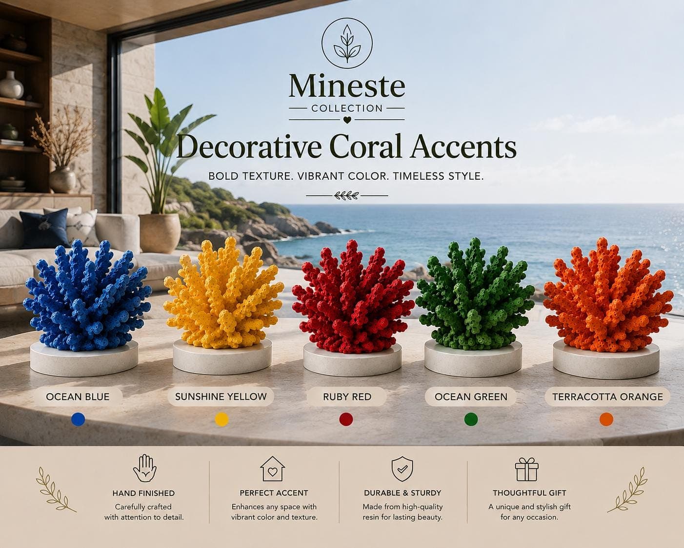Handmade Coral Sculptures | Modern Ocean-Inspired Centerpiece | Polyresin Art & Marble Accents | Coral Reef Aquarium Decor