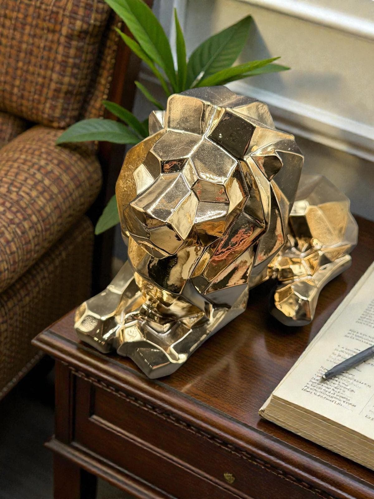 Gold Geometric Lion Sculpture | Modern Art Decor | Luxury Home Accent