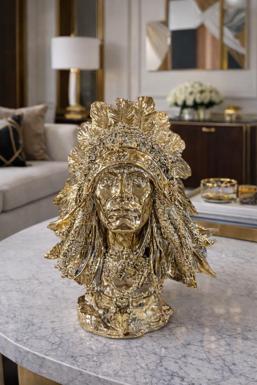 Tribal Chief Bust Sculpture | Gold Finish Statement Decor | Bold Interior Object