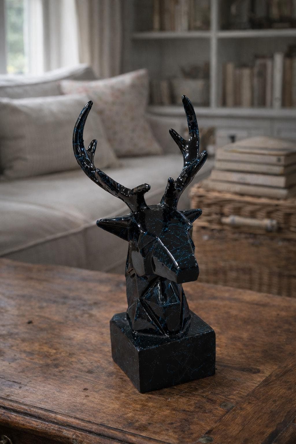Geometric Deer Head Sculpture | Black & Blue Modern Decor | Statement Home Accent