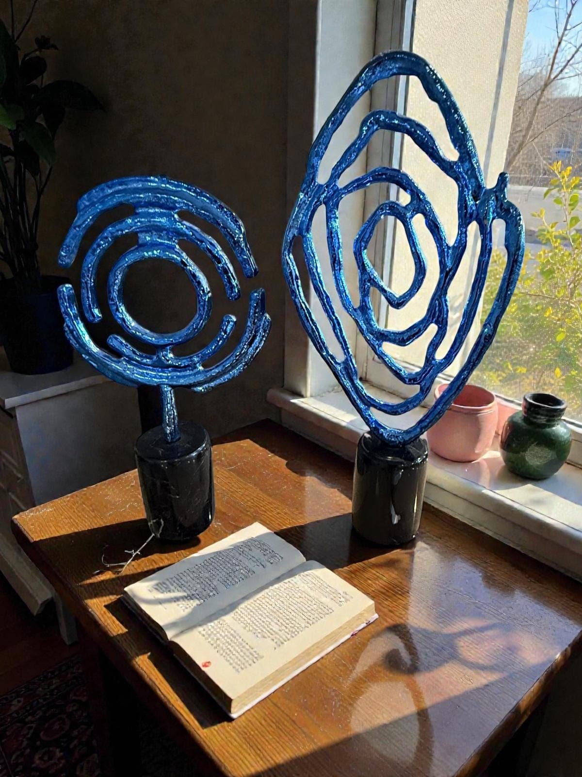 Cobalt Blue Abstract Sculpture Pair | Contemporary Art Objects | Modern Interior Decor