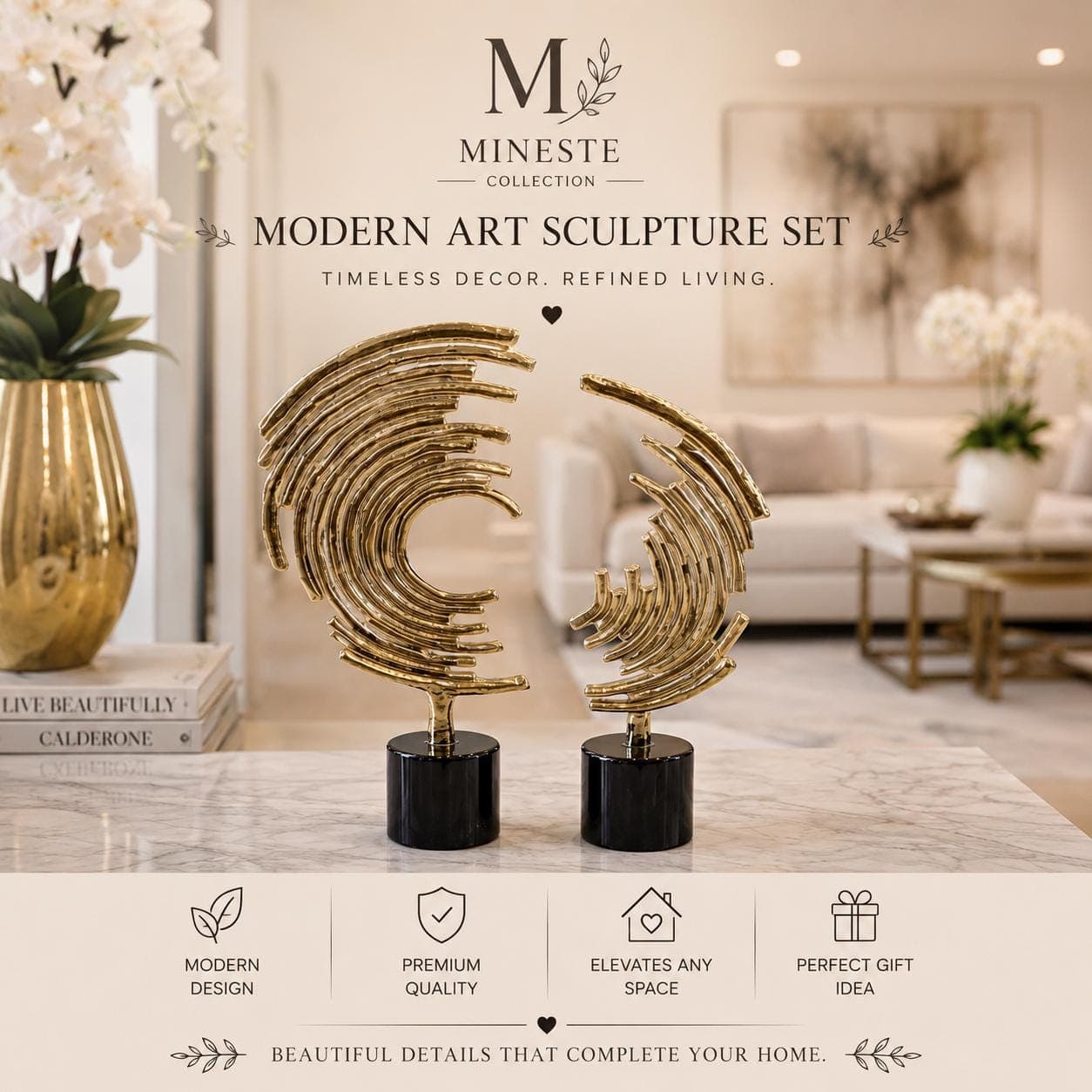 Circular Gold Abstract Sculpture Set | Modern Art Duo | Statement Interior Decor