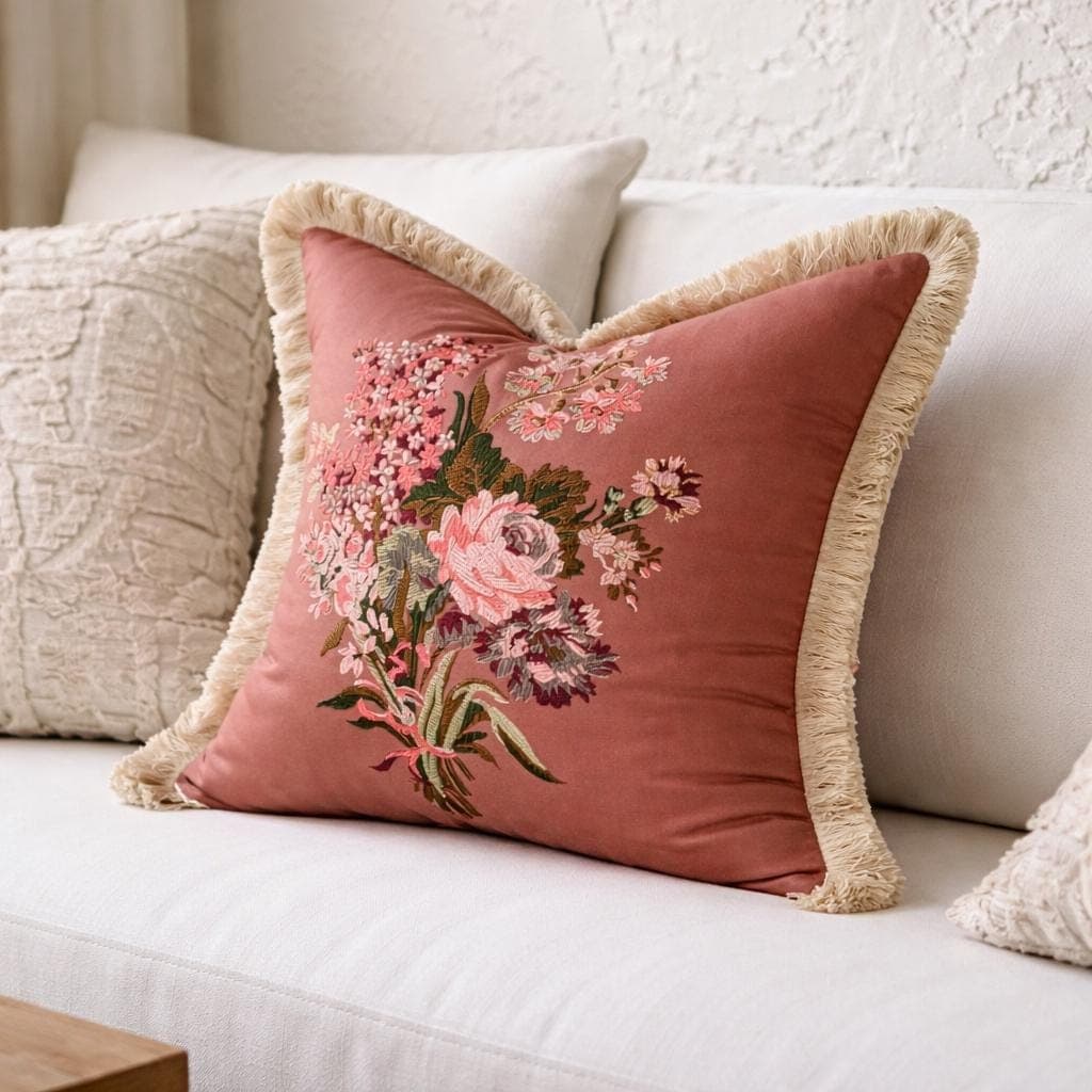 Vintage Floral Design Pillow | Rose-Pink Satin Cushion with Fringe Trim | 16x16 Decor Pillow