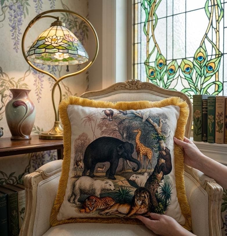 Safari Animal Print Pillow Case – Yellow Tassel Cushion, Vintage Jungle Eclectic Decor