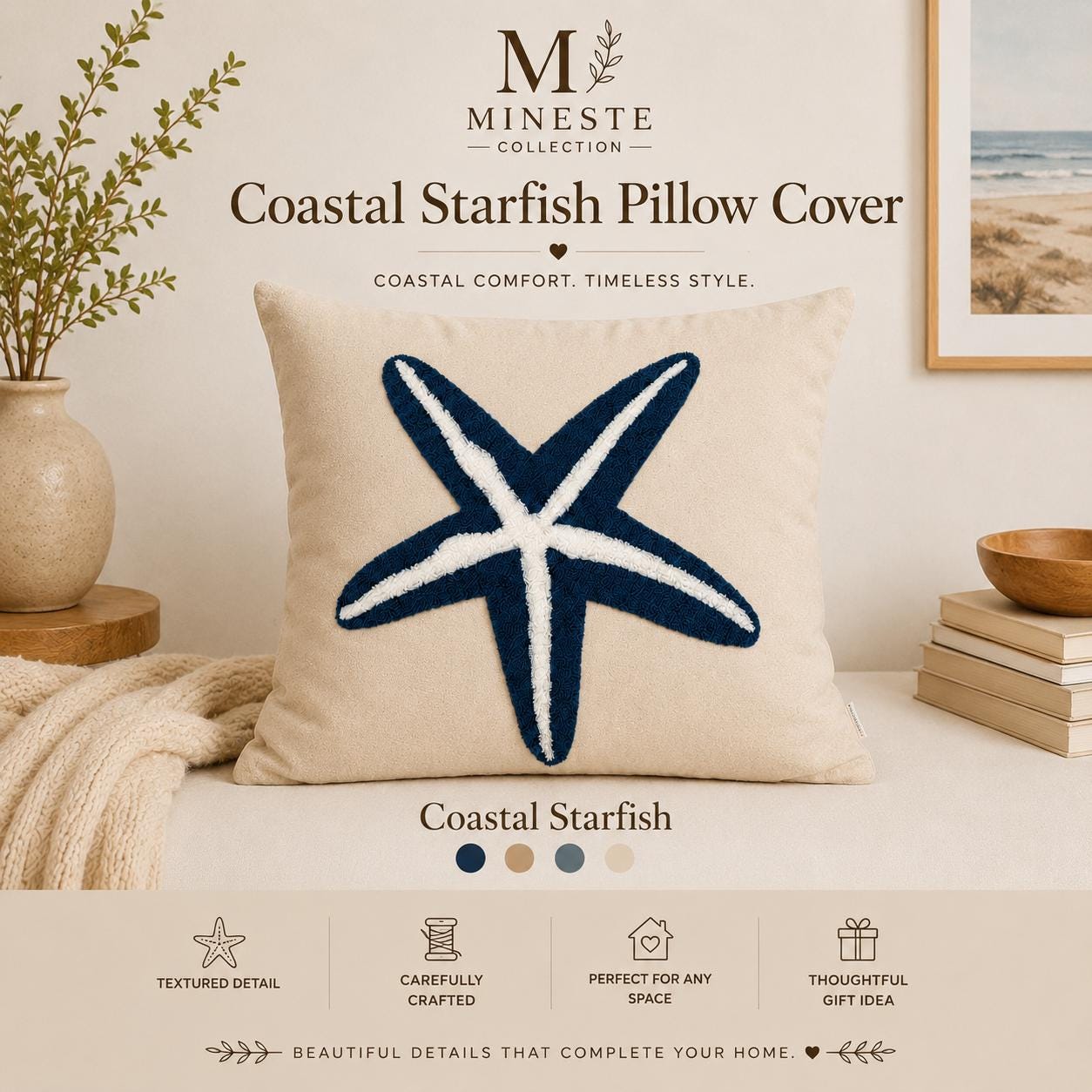 Navy Starfish Pillow Cover | Coastal Haven Home Decor | Nautical Pillow Covers & Beach-Inspired Accents