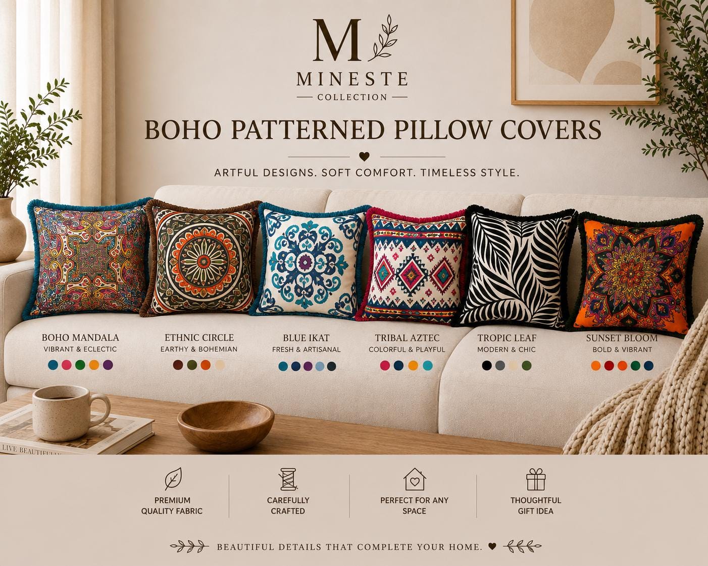 Boho Pillow Cover Collection | Boho Mandala, Ethnic Circle, Blue Ikat, Tribal Aztec, Tropic Leaf Sunset Bloom | Decorative Throw Pillow Case