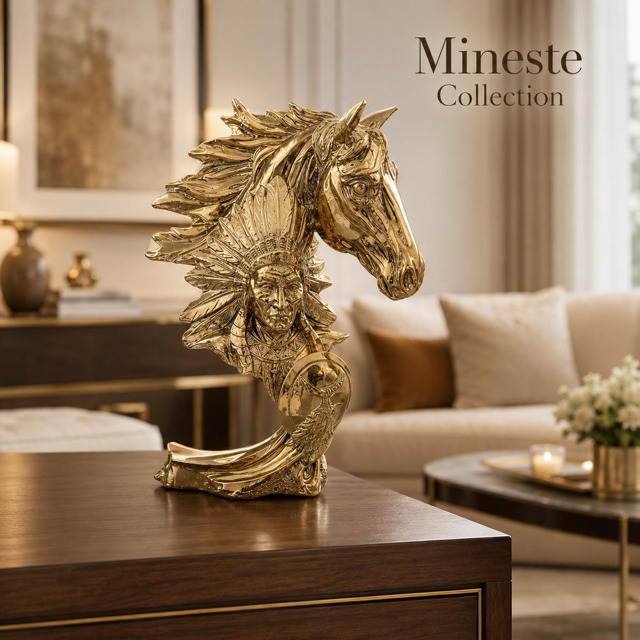 Gold Horse Figurine with Native Chief Detail | Handcrafted Polyresin Sculpture | Luxury Home Decor