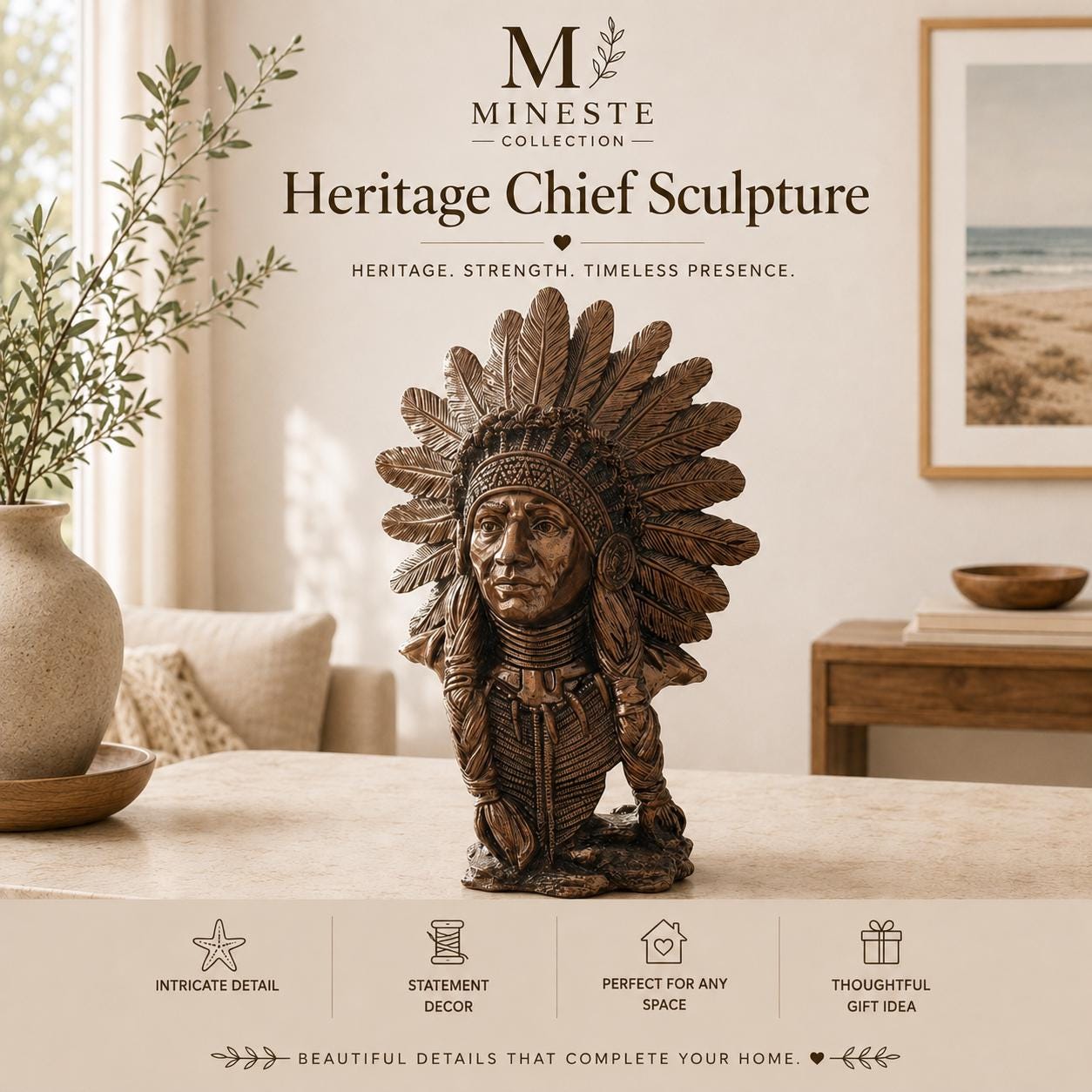 Native Chief Figurine | Antique Bronze Finish | Statement Tribal Home Decor