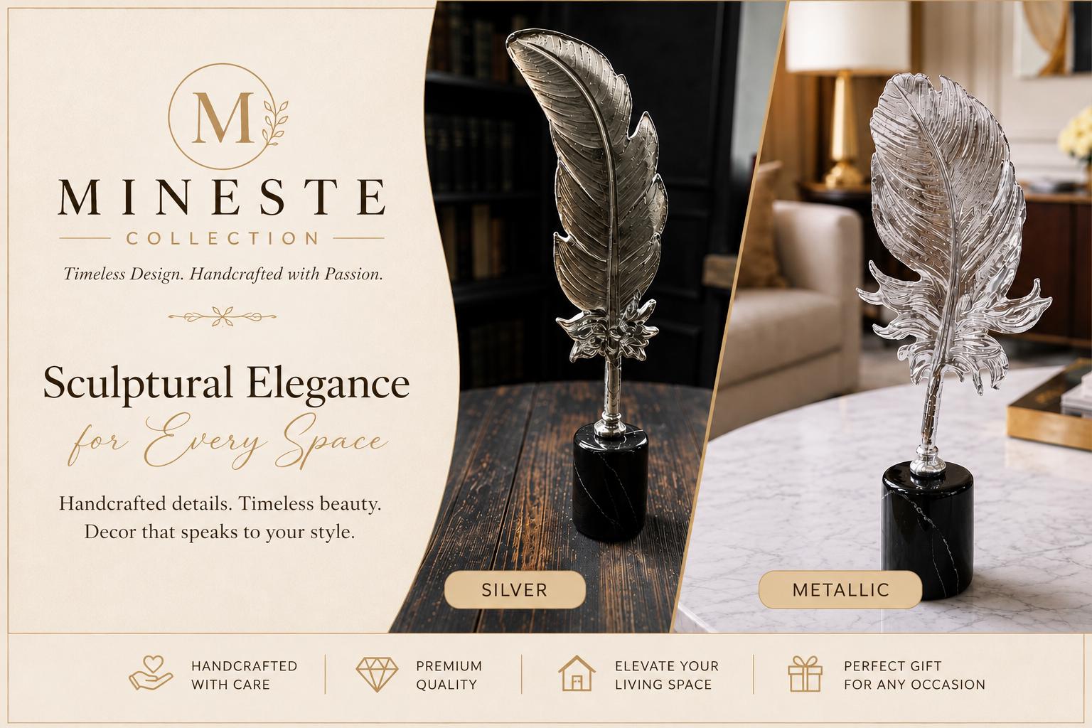 Silver Feather Sculpture | Modern Feather Decor | Marble Base Statue | Luxury Shelf Accent | Living Room Decor | Office Desk Ornament