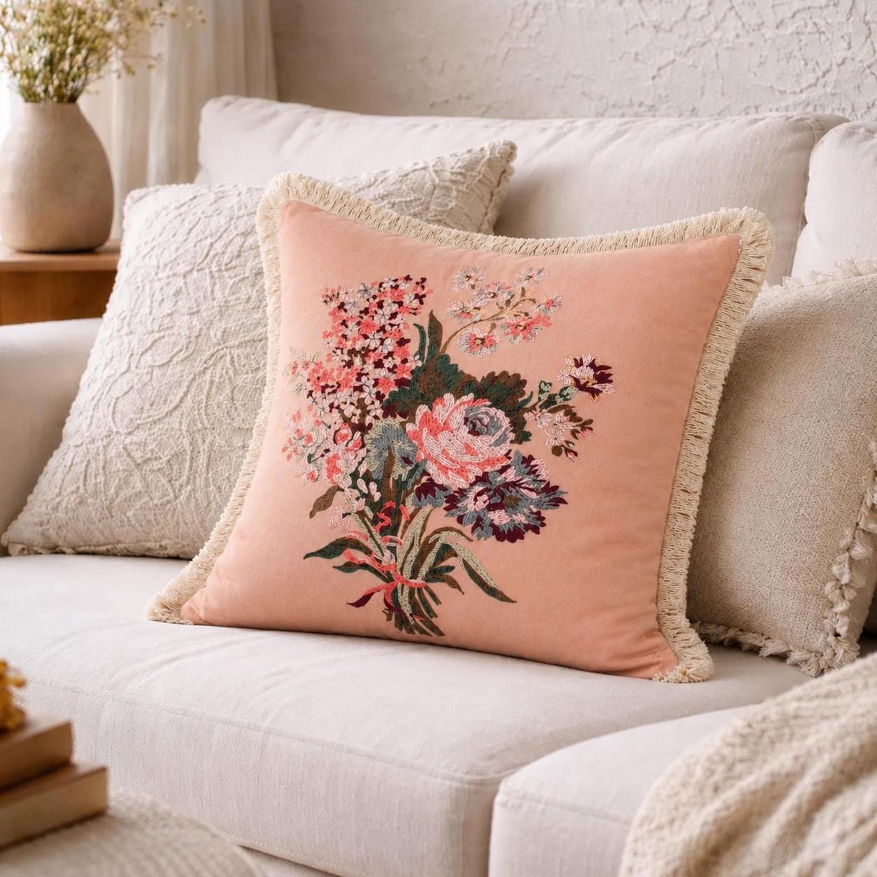 Blush Pink Floral Pillow Cover with Cream Fringe, Vintage Botanical Decorative Cushion Cover, Romantic Sofa Accent 16x16 Decor Pillow