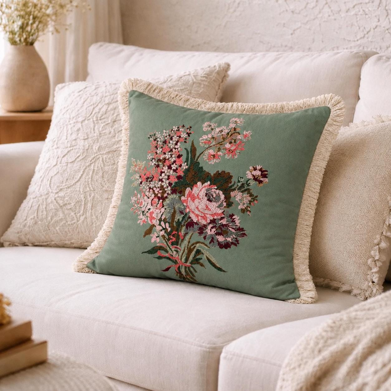 Sage Green Floral Pillow Cover with Cream Fringe, Vintage Botanical Decorative Cushion Cover, Romantic Sofa Accent 16x16 Decor Pillow