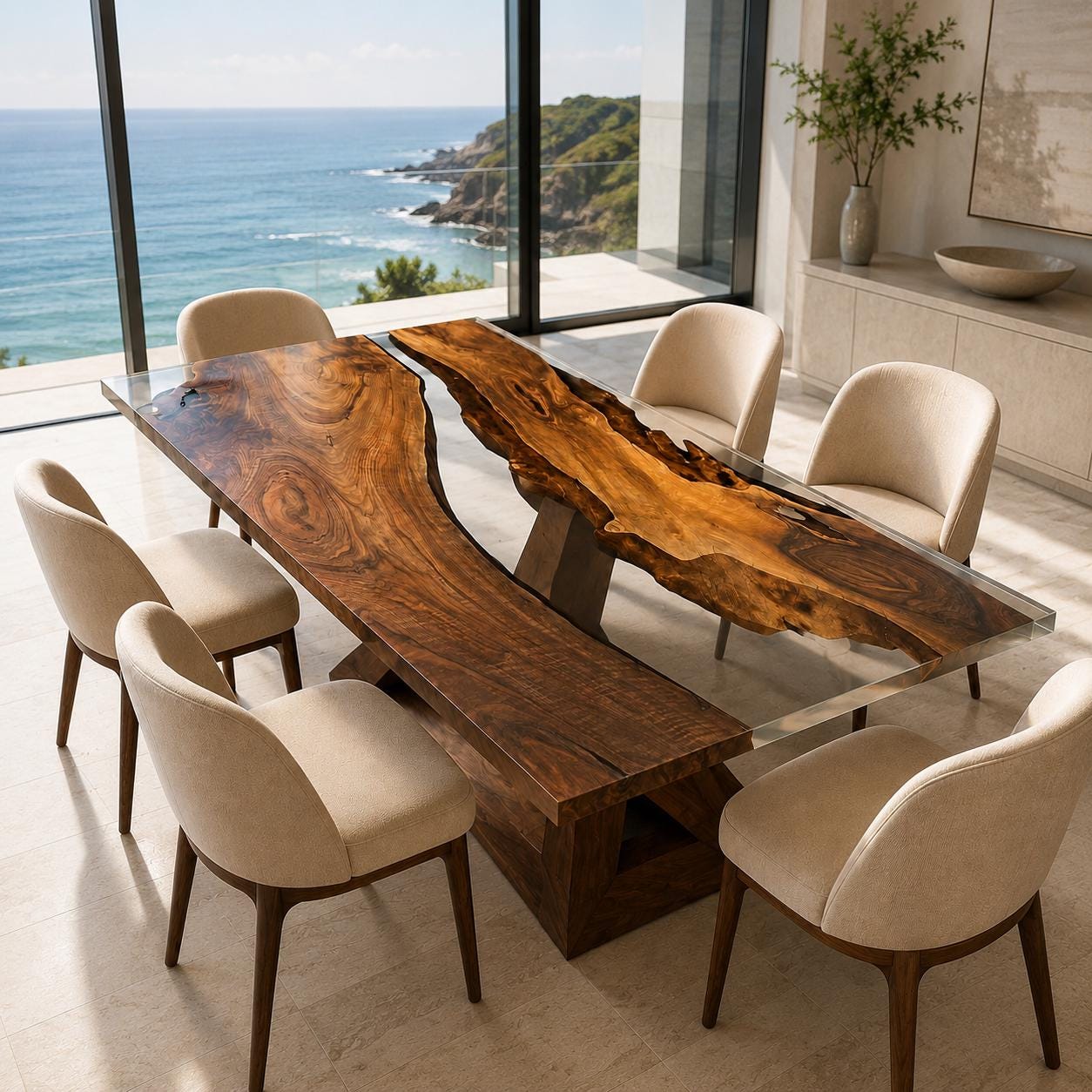 Custom Live Edge Walnut Epoxy Table, Black X Legs, Handmade Statement Furniture