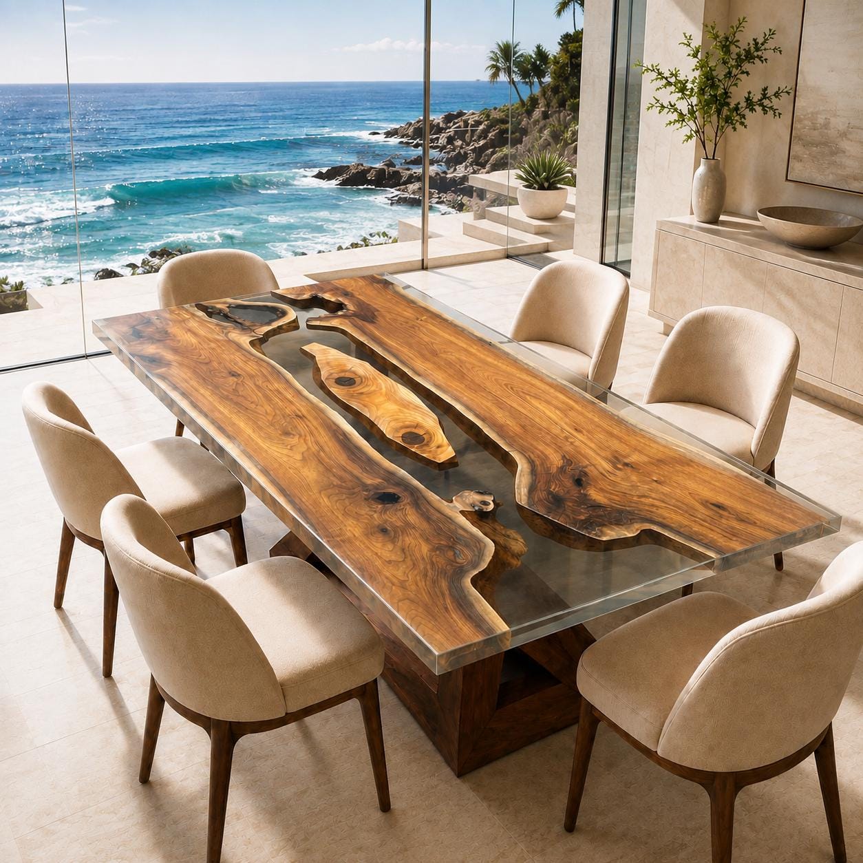 Custom Epoxy Dining Table, Live Edge Walnut and Clear Resin Table, Handmade River Table with Wooden X Legs, Made to Order